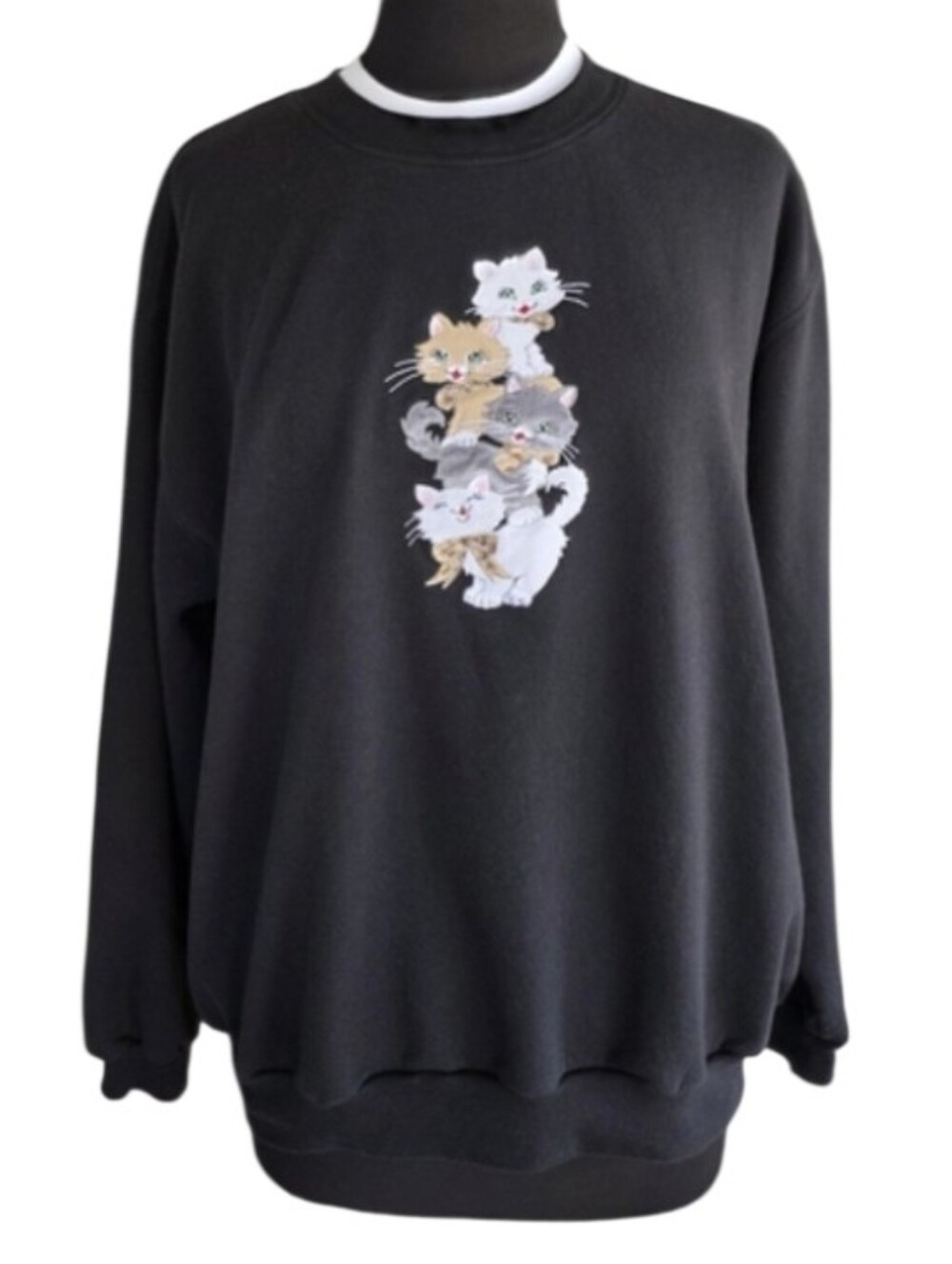 Vintage 90s Large? Black Sweatshirt with Cat Embroidery Cozy Soft Turtleneck